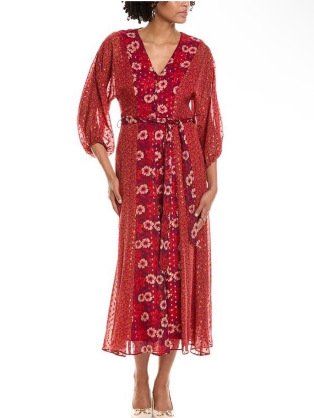 TAYLOR Red Floral Boho Midi Dress in Red w/ Metallic Floral Size 8 — GORGEOUS!!!